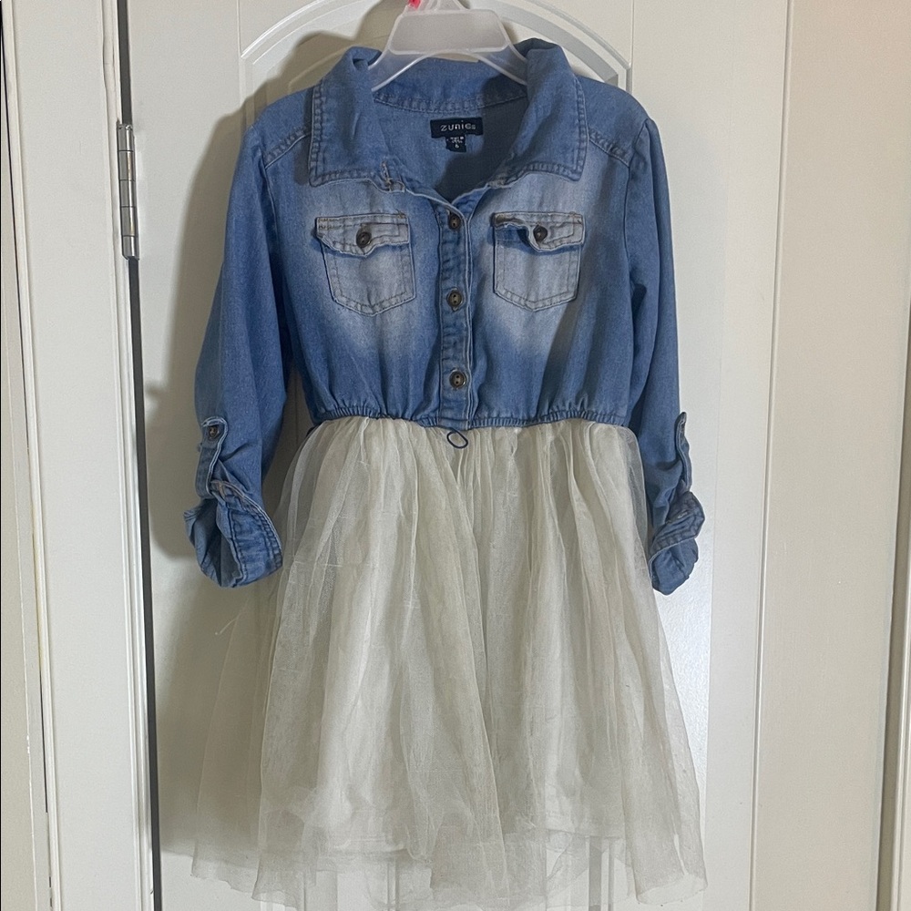 Zunie Denim Blue Dress with White Tulle Skirt